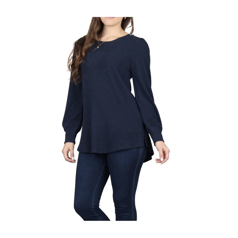 Lildy Ribbed Button Trim Tunic Round Neck Puff Sleeve High Low Hem Pullover L/XL